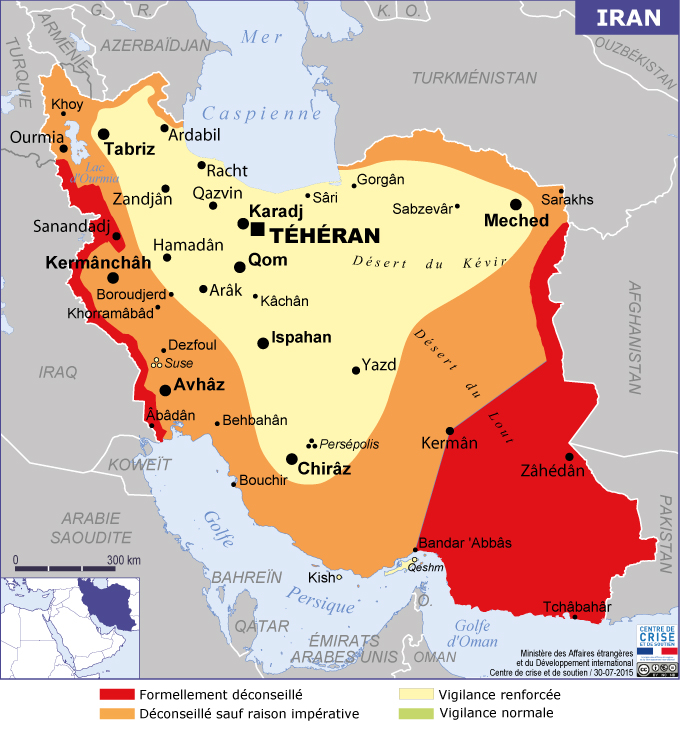 Carte des niveaux des risques par zone en Iran